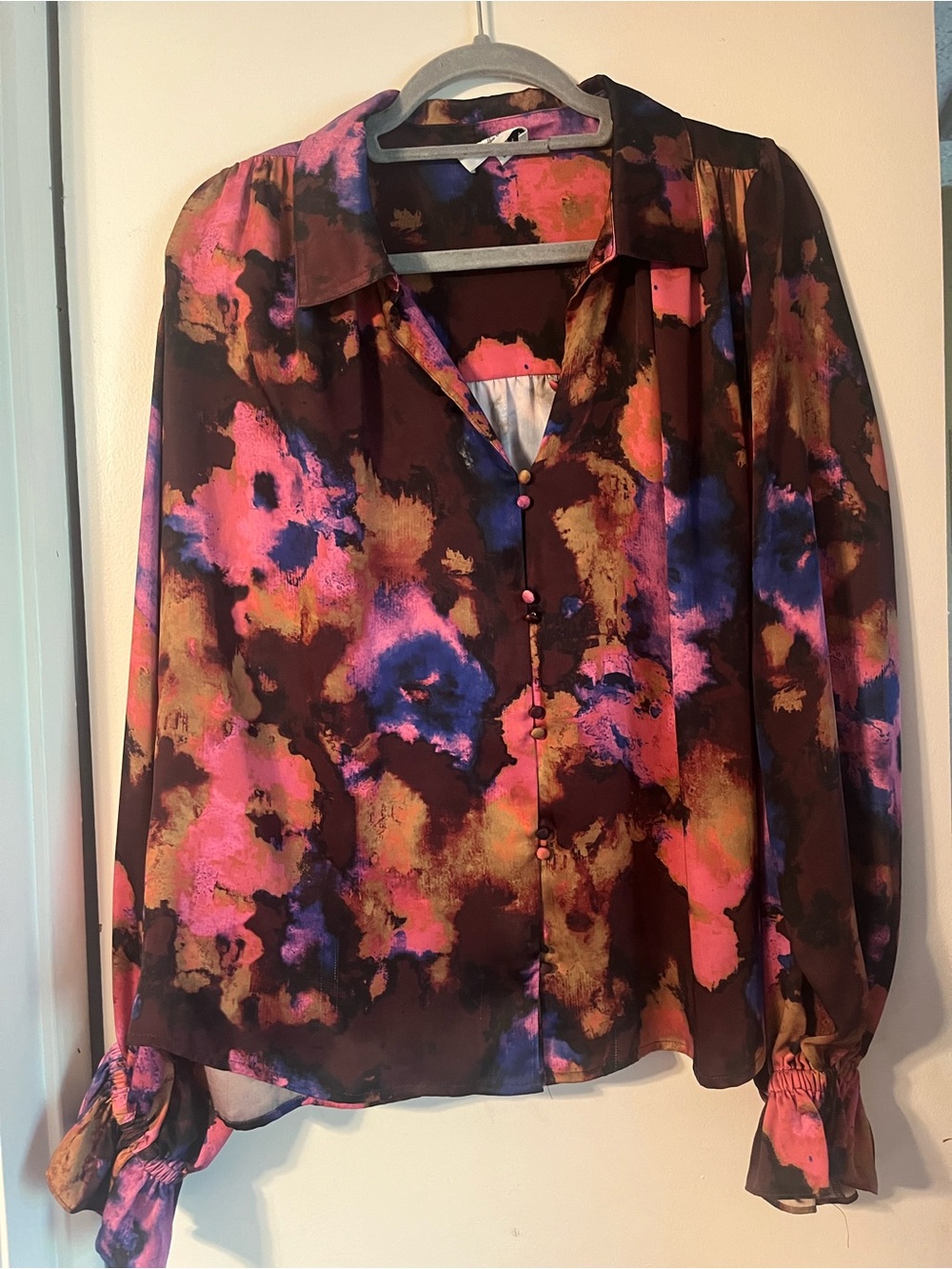 crosby. Watercolor Floral Button-Up Blouse in Pink, Blue and Gold